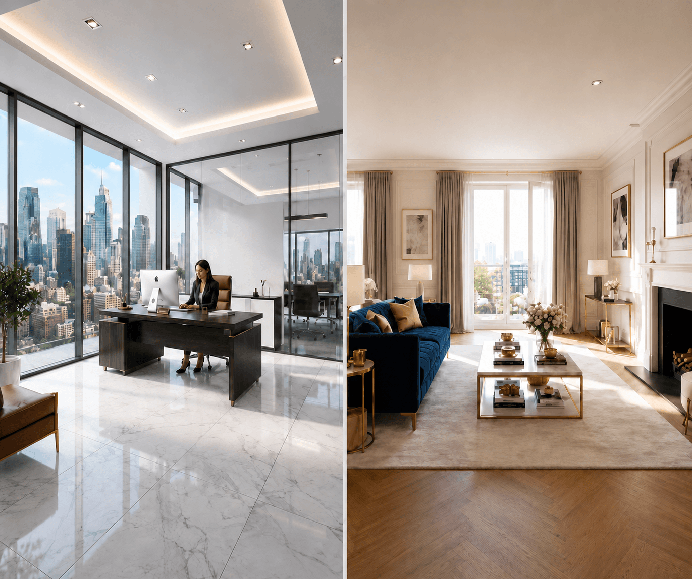 Split view of a pristine executive office and a luxury living room prepared to hospitality standards