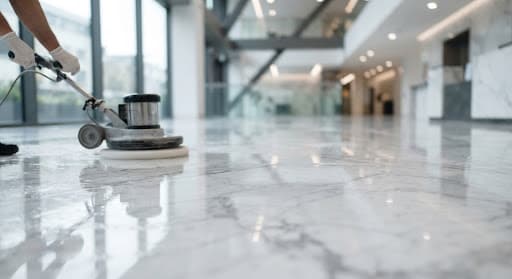 Close-up of a marble floor being polished to a mirror finish