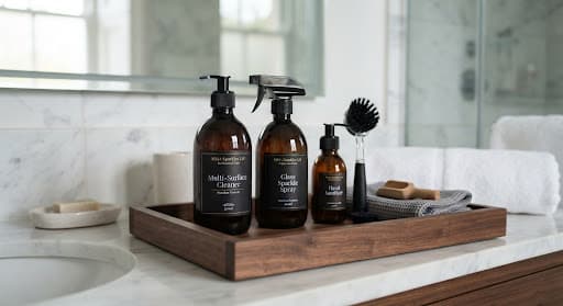 Professional cleaning supplies arranged neatly on a dark wooden tray