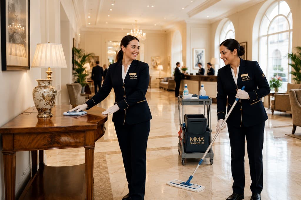 MMA Sparkles Ltd staff in navy uniforms cleaning a luxury lobby with branded trolley and supplies